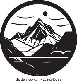 Iconos únicos y frescos de la montaña en un círculo con colores blancos y negros	
