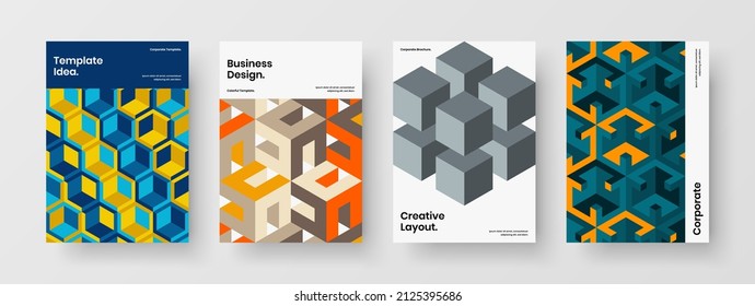 Unique corporate brochure A4 design vector concept composition. Amazing geometric tiles flyer illustration set.