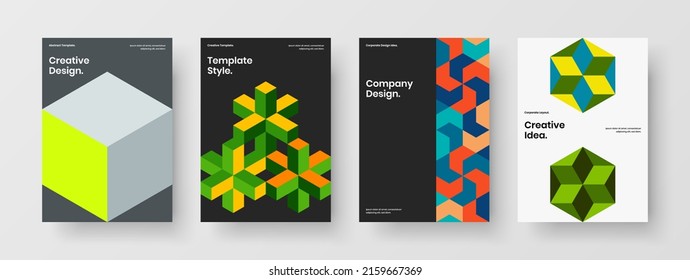 Unique corporate brochure A4 vector design concept bundle. Original mosaic hexagons leaflet illustration composition.