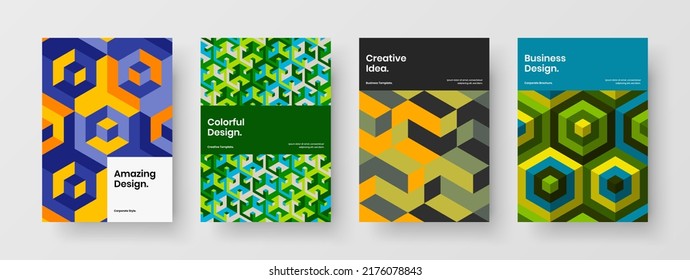 Einzigartiger Corporate Broschüre A4 Vektorgrafik-Set. Multicfarbene Mosaikhexagons-Vorlagensammlung.
