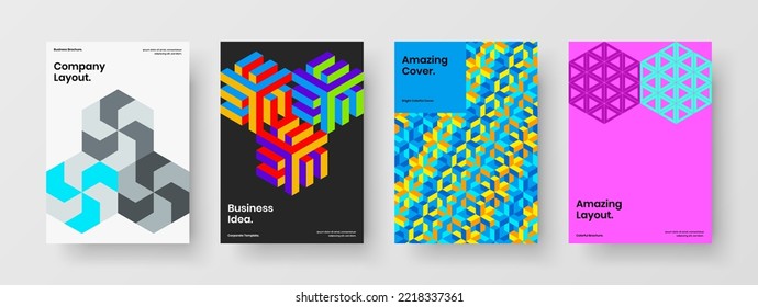 Unique corporate brochure A4 vector design illustration collection. Creative mosaic pattern company identity concept bundle.