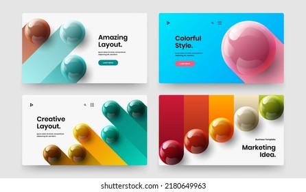 Unique corporate brochure vector design illustration set. Abstract 3D balls website screen layout bundle.