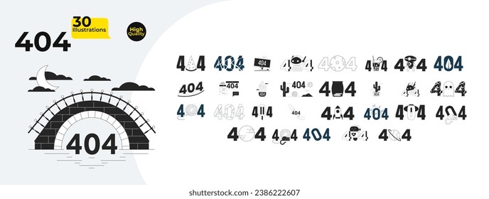 Unique creative black and white 404 errors isolated illustrations bundle. Robotics, rocket space, cute not found outline cartoon images isolated. Summertime linear empty states collection ui design