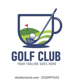 Unique and Creative with cup illustration. Golf Ball on Green Grass with Golf Club and Red Flag Logo suitable for golf club business, sports themed cafe, tournament