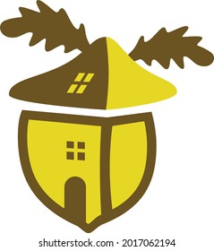 Unique and creative design of the acorn and the house in a comic style in brown and yellow colors.