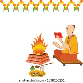 Unique and creative design of a Indian priest (panditji) performing the havan pooja and chanting the mantras from the holy book in a very attractive design.