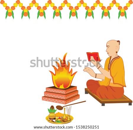 Unique and creative design of a Indian priest (panditji) performing the havan pooja and chanting the mantras from the holy book in a very attractive design.