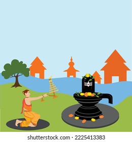 Unique and creative design of the panditji worshiping the lord shiva near the river ganges with big diyas.