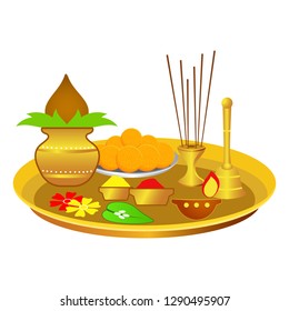 Unique and creative design of pooja thali, plate with flowers, incense sticks, incense sticks stand, lamp, copper pot, bell, sweet laddu, turmeric and kumkum powder. Colorful and professional design.