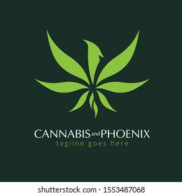 A unique and creative logo design for Cannabis and Phoenix. The emblem features an abstract green marijuana leaf where the central blades are cleverly shaped to form the silhouette of a rising phoenix bird. Set against a dark forest green background, this professional vector graphic represents rebirth, healing, and the natural power of herbal medicine. It is perfect for CBD oil brands, medical marijuana dispensaries, holistic wellness centers, and cannabis lifestyle products.