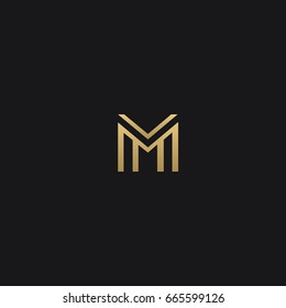 Unique creative unusual stylish geometric interior brands black and gold color M initial based letter icon logo.