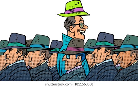 unique in the crowd. Happy man among serious. Comics caricature pop art retro illustration drawing