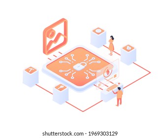 Unique cryptographic tokens.NFT concept. People creating certificate of uniqueness of a digital object.  Modern vector illustration in isometric style. Isolated on white background