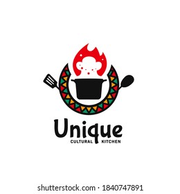 Unique Cultural Kitchen Logo Icon Badge With Hot Pot, Flame , Cooking Spatula Utensil, And African Abstract Pattern