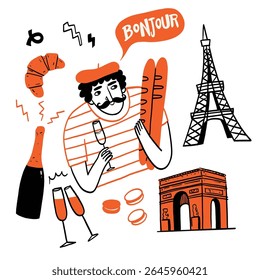 Unique culture vector illustration of the French. A humorous cartoon featuring black and white line characters and a fun theme.