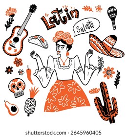 Ilustração de vetor de cultura única do latim. Um desenho animado com personagens de linha preta e branca e um tema divertido.