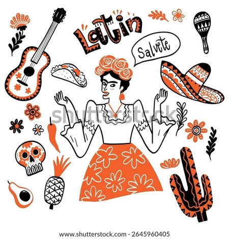Unique culture vector illustration of Latin. A humorous cartoon featuring black and white line characters and a fun theme.