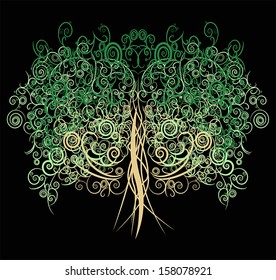 Unique curly green abstract oak tree made with many curves and elements in black background, create by vector.