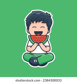 Unique cute adorable little boy eating watermelon while sitting cross-legged flat design icon ready for any needs and print to make a sticker with red, green, black, white colors