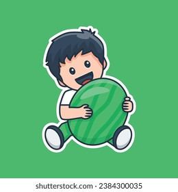 Unique cute adorable little boy hug the watermelon with eye and mouth open flat design icon ready for any needs and print to make a sticker with red, green, black, white colors