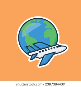 Unique cute airplane passing over the globe world flat design icon ready for any needs and print to make a sticker with blue, green, white colors