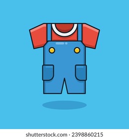 Unique, cute baby overall clothes. Flat design icon, graphic vector illustration on an isolated blue. Ready for any needs and suitable for printing to create a sticker with a red, blue, white colors