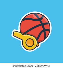 Unique cute basketball with a whistle flat design icon ready for any needs and print to make a sticker with orange, black line, yellow colors