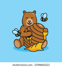 Unique, cute bear enjoying honeycomb tree with a funny expression. Flat design icon, graphic vector illustration, cartoon character on an isolated blue . Ready for any needs and suitable for printing 