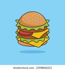 Unique, cute Big Burger or Hamburger. Flat design icon, graphic vector illustration on an isolated blue background. Ready for any needs and suitable for printing to create a sticker