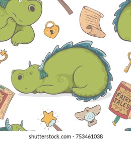 Unique cute cartoon seamless pattern with dragon and princess stuff, isolated on white background. Fantasy children's illustration