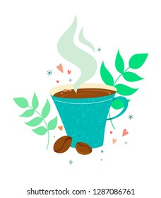Unique and cute coffee mug with coffee beans in a cartoon style with decor. Vector on white background