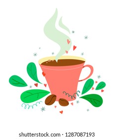 Unique and cute coffee mug with coffee beans in a cartoon style with decor. Vector on white background