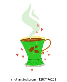 A unique and cute coffee mug with hearts in a cartoon style. Vector illustration on white background.