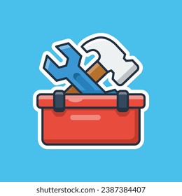 Unique cute hammer and wrench tools craftsman in red tool case flat design icon ready for any needs and print to make a sticker with red, white, grey, black, blue colors