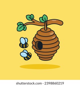 Unique, cute hanging beehive. Flat design icon, graphic vector illustration on an isolated yellow. Ready for any needs and suitable for printing to create a sticker with a brown and green colors