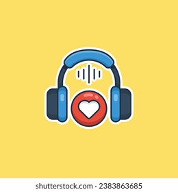 Unique cute headset with love flat design icon ready for any needs and print to make a sticker with blue background