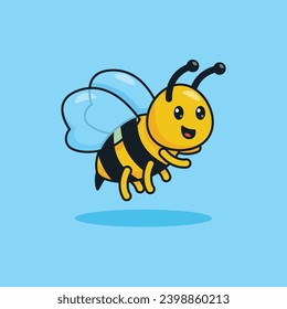 Unique, cute honey bee with a funny expression. Flat design icon, graphic vector illustration, cartoon character on an isolated blue. Ready for any needs and suitable for printing to create a sticker