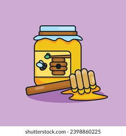 Unique, cute honey jar with dipper. Flat design icon, graphic vector illustration on an isolated pink background. Ready for any needs and suitable for printing to create a sticker