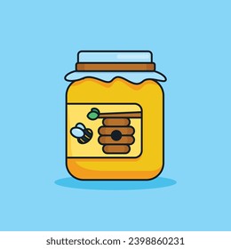 Unique, cute honey jar. Flat design icon, graphic vector illustration on an isolated blue background. Ready for any needs and suitable for printing to create a sticker with a yellow and brown colors