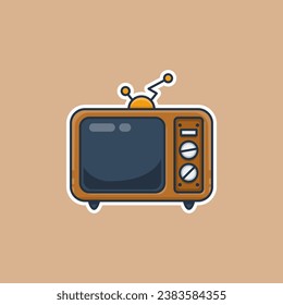 Unique Cute Illustration Cartoon Old TV Television Flat Icon for icon needs or sticker ready to print for any needs in brown pastel white color 