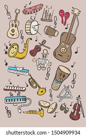 Unique and cute musical instrument icons. made by handwriting vector template