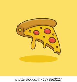 Unique, cute pizza slice. Flat design icon, graphic vector illustration on an isolated Yellow. Ready for any needs and suitable for printing to create a sticker with a yellow, brown, red colors