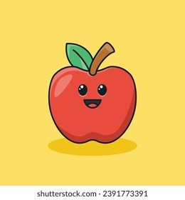 Unique cute red apple fruit flat icon design graphic vector ready for any needs and print to make a sticker with green, red, brown, black, white colors