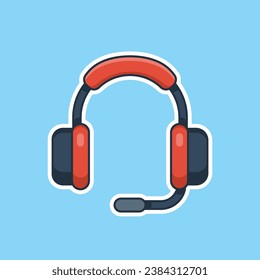 Unique cute red headset with bent mic flat design icon ready for any needs and print to make a sticker with red and black colors also blue in the background