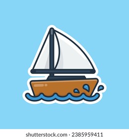 Unique cute sailboat with water waves and water splashes flat design icon ready for any needs and print to make a sticker with white, blue, brown, black colors