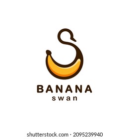 Unique cute simple from double meaning Banana combination and swan in white background, vector template logo design editable