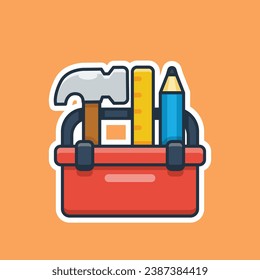 Unique cute tools craftsman in red tool case flat design icon ready for any needs and print to make a sticker with grey, white, black, red, yellow, blue colors