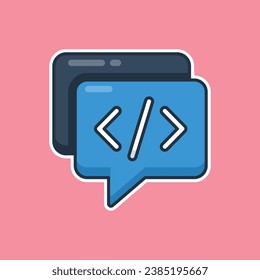 Unique cute white text coding on blue bubble balloon flat design icon ready for any needs and print to make a sticker with blue, white, black colors also pink color background