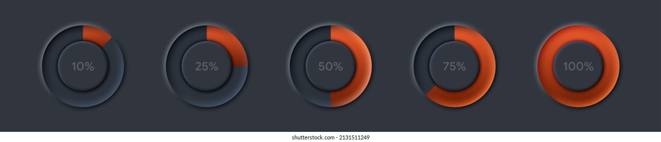 Unique dark black pie charts from 10 to 100 percent for infographic loading circle icon in light style user interface elements for mobile app ui ux design kit