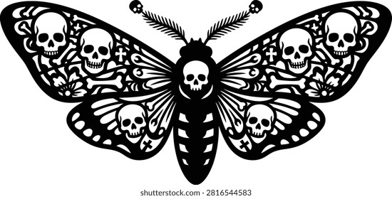 A unique dark-themed vector graphic featuring a moth silhouette intricately decorated with skull and bone motifs. This eerie and artistic design is perfect for halloween projects gothic apparel or alternative art.